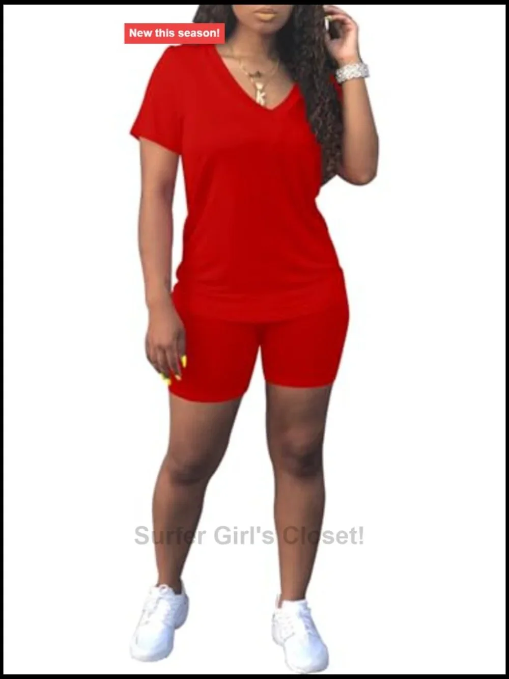 2 Piece Short Set V Neck Biker Shorts Workout Jogger Tracksuit